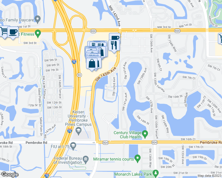 map of restaurants, bars, coffee shops, grocery stores, and more near 2410 Southwest 143rd Avenue in Pembroke Pines