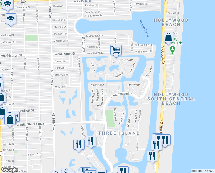 map of restaurants, bars, coffee shops, grocery stores, and more near 1455 Breakwater Terrace in Hollywood