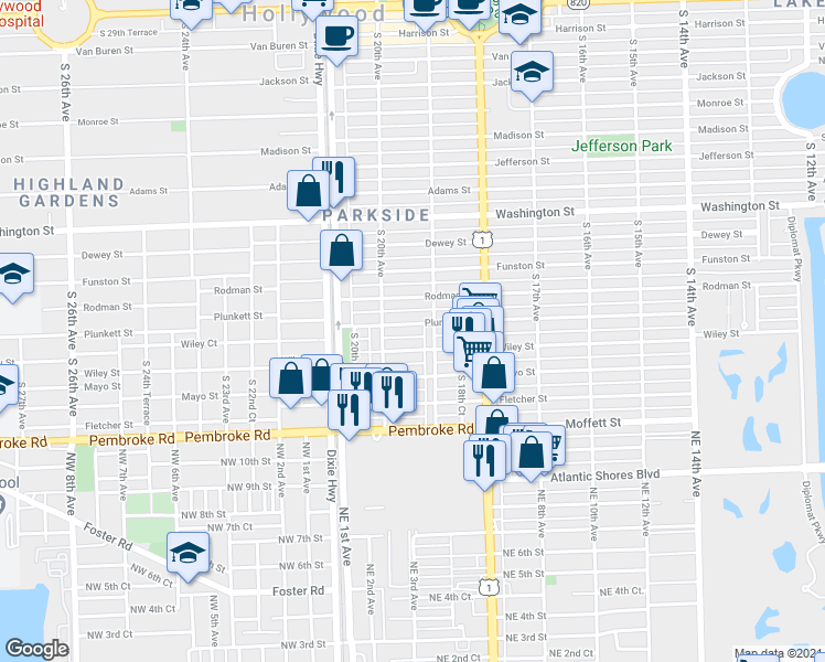 map of restaurants, bars, coffee shops, grocery stores, and more near 1903 Wiley Street in Hollywood