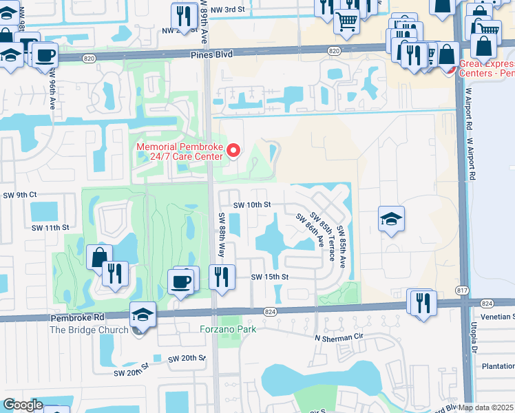 map of restaurants, bars, coffee shops, grocery stores, and more near 1111 Southwest 87th Terrace in Pembroke Pines
