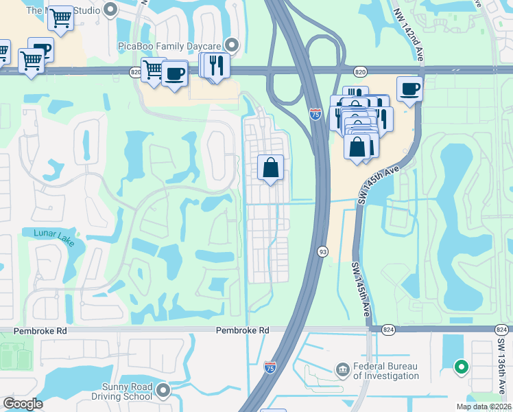 map of restaurants, bars, coffee shops, grocery stores, and more near 14701 Southwest 11th Street in Pembroke Pines