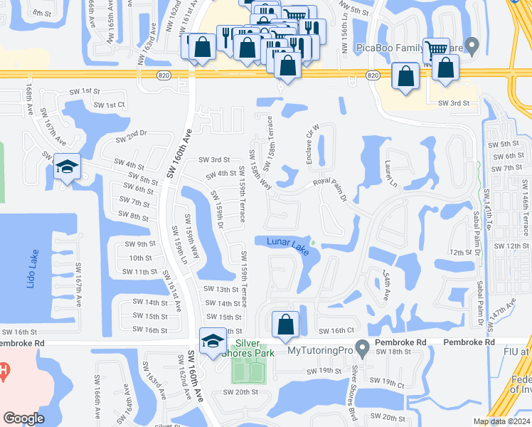 map of restaurants, bars, coffee shops, grocery stores, and more near 1166 Southwest 158th Way in Pembroke Pines