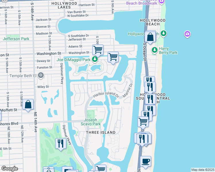 map of restaurants, bars, coffee shops, grocery stores, and more near 1486 Commodore Way in Hollywood