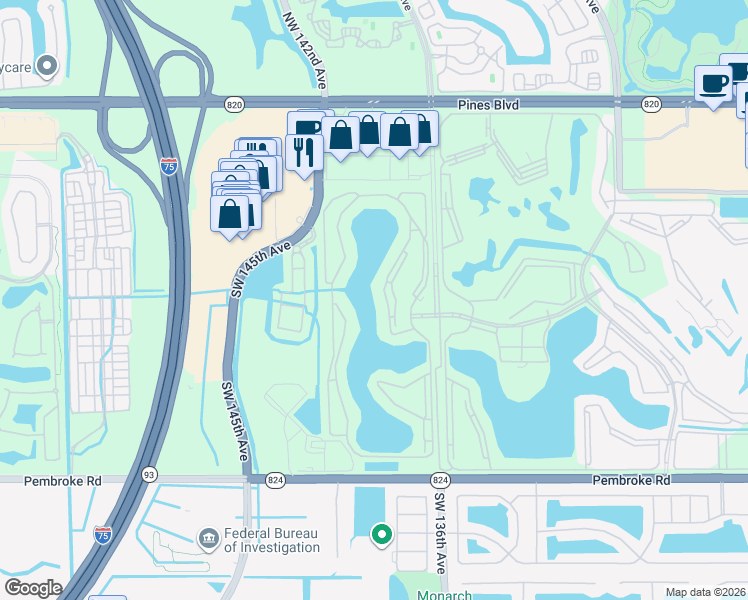 map of restaurants, bars, coffee shops, grocery stores, and more near 950 Southwest 138th Avenue in Pembroke Pines