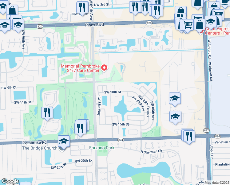 map of restaurants, bars, coffee shops, grocery stores, and more near 1111 Southwest 87th Terrace in Pembroke Pines