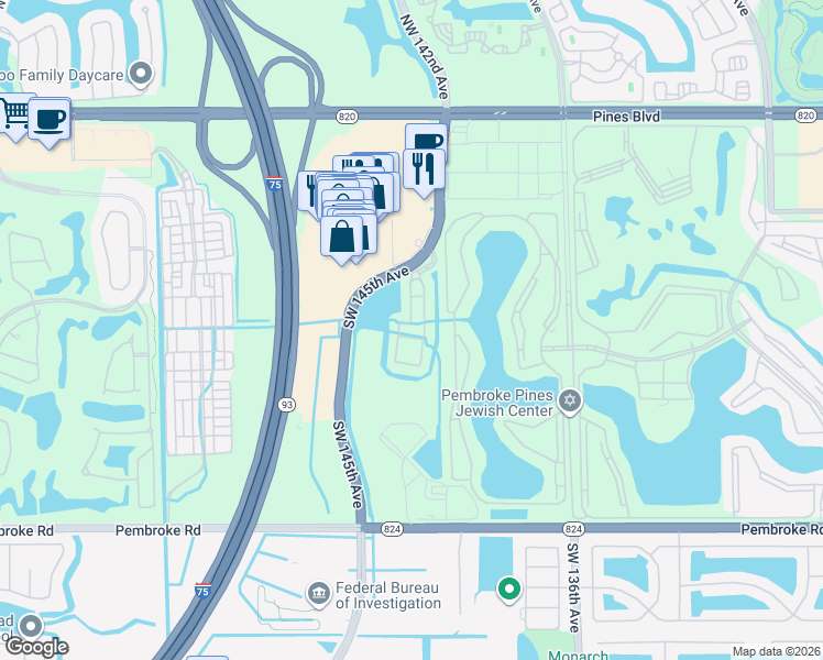 map of restaurants, bars, coffee shops, grocery stores, and more near 14384 Southwest 11th Street in Pembroke Pines