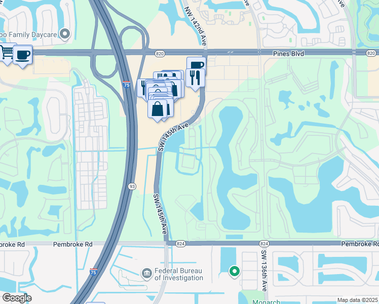 map of restaurants, bars, coffee shops, grocery stores, and more near 2410 Southwest 143rd Avenue in Pembroke Pines