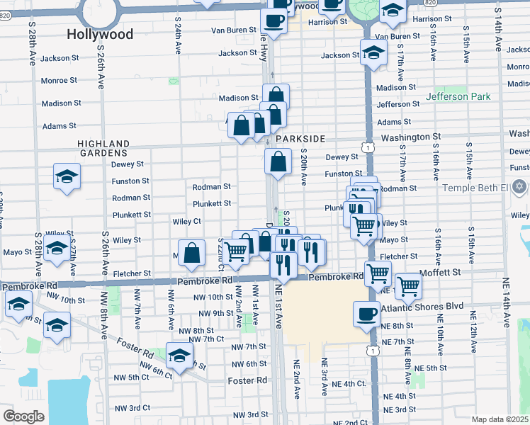 map of restaurants, bars, coffee shops, grocery stores, and more near 2110 Wiley Court in Hollywood