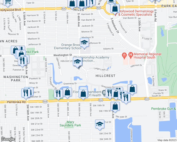 map of restaurants, bars, coffee shops, grocery stores, and more near 4600 Hillcrest Drive in Hollywood