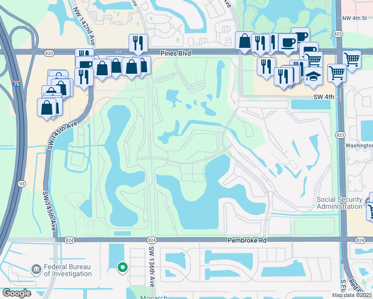 map of restaurants, bars, coffee shops, grocery stores, and more near 13355 Southwest 9th Court in Pembroke Pines