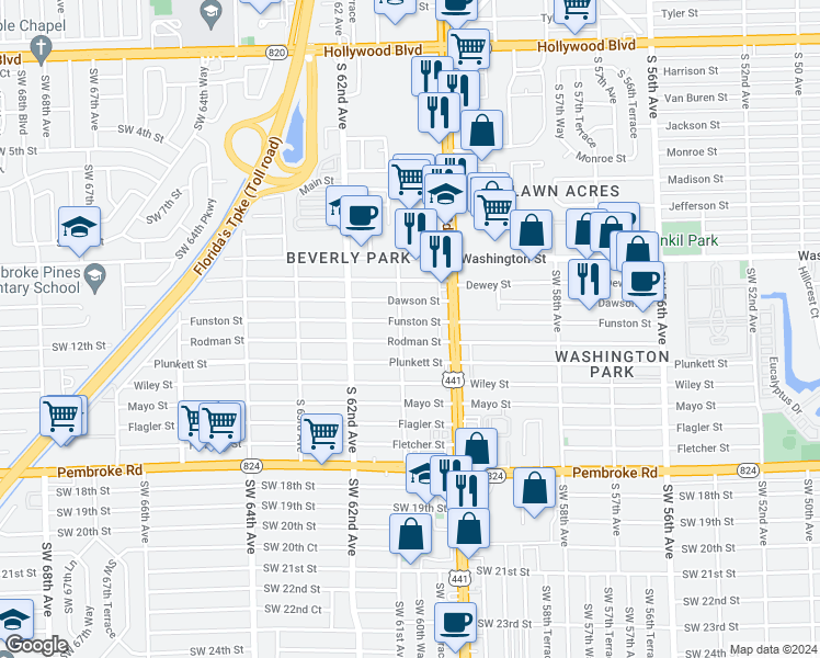 map of restaurants, bars, coffee shops, grocery stores, and more near 6030 Funston Street in Hollywood