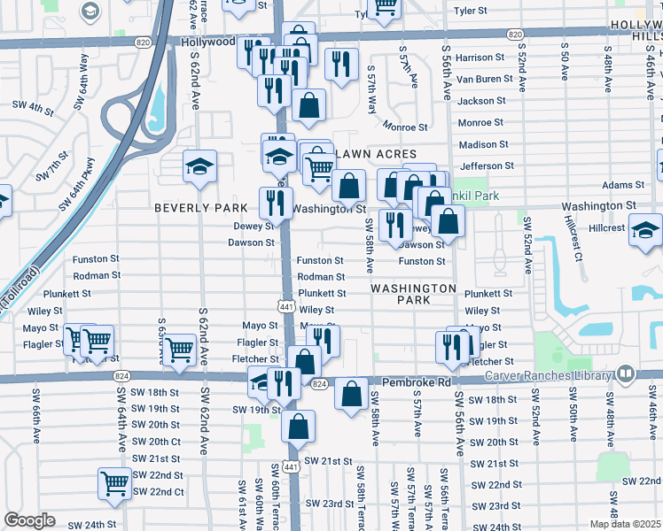 map of restaurants, bars, coffee shops, grocery stores, and more near 5892 Rodman Street in Hollywood