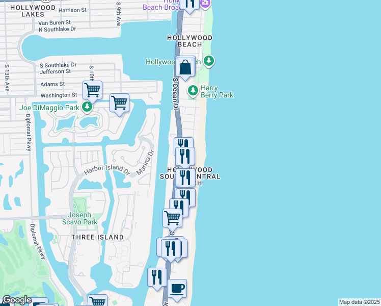 map of restaurants, bars, coffee shops, grocery stores, and more near 2199 South Surf Road in Hollywood