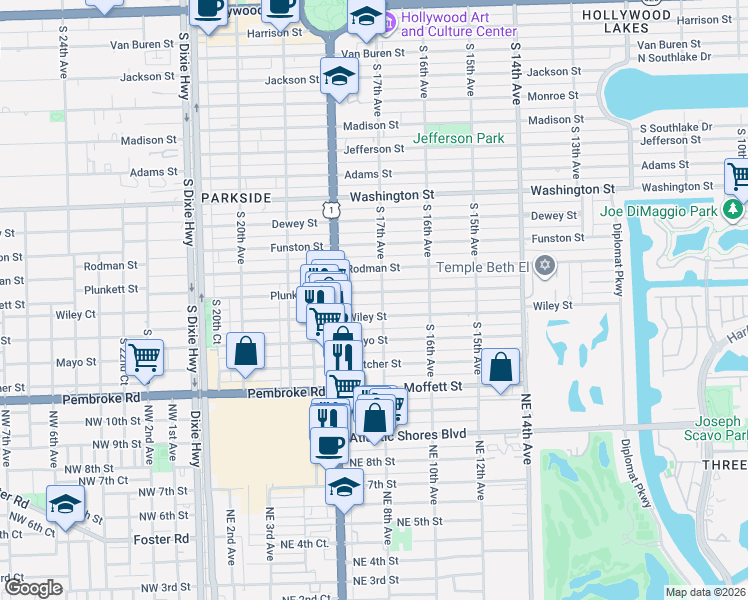 map of restaurants, bars, coffee shops, grocery stores, and more near 1646 Wiley Street in Hollywood