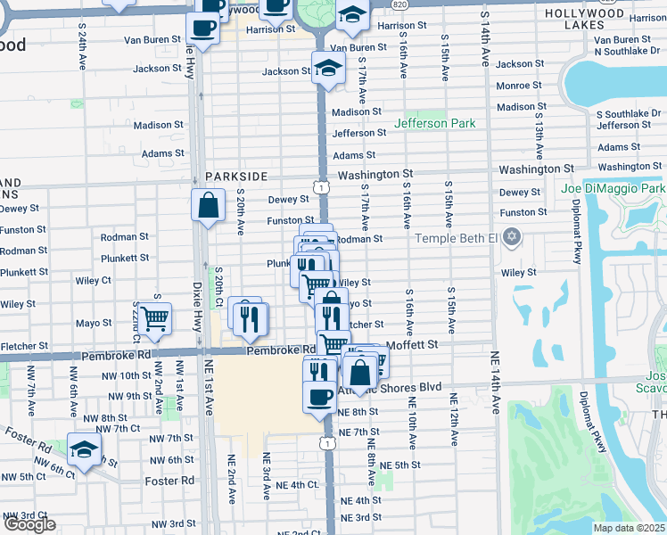 map of restaurants, bars, coffee shops, grocery stores, and more near 1742 Wiley Street in Hollywood
