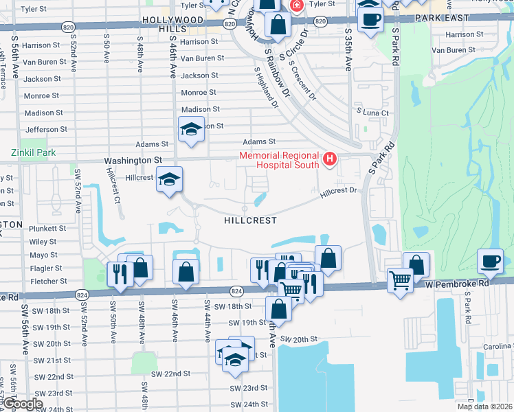 map of restaurants, bars, coffee shops, grocery stores, and more near 4330 Hillcrest Drive in Hollywood
