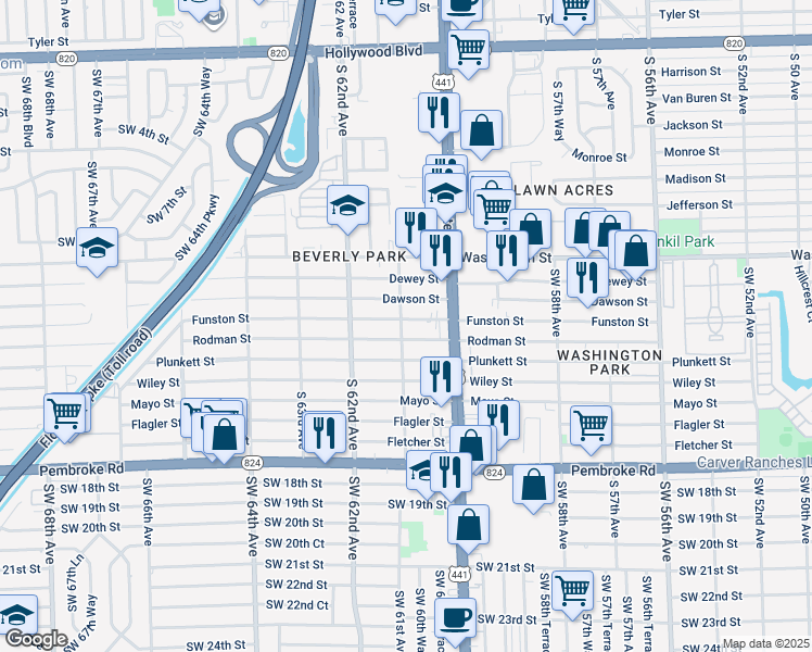 map of restaurants, bars, coffee shops, grocery stores, and more near 6100 Rodman Street in Hollywood
