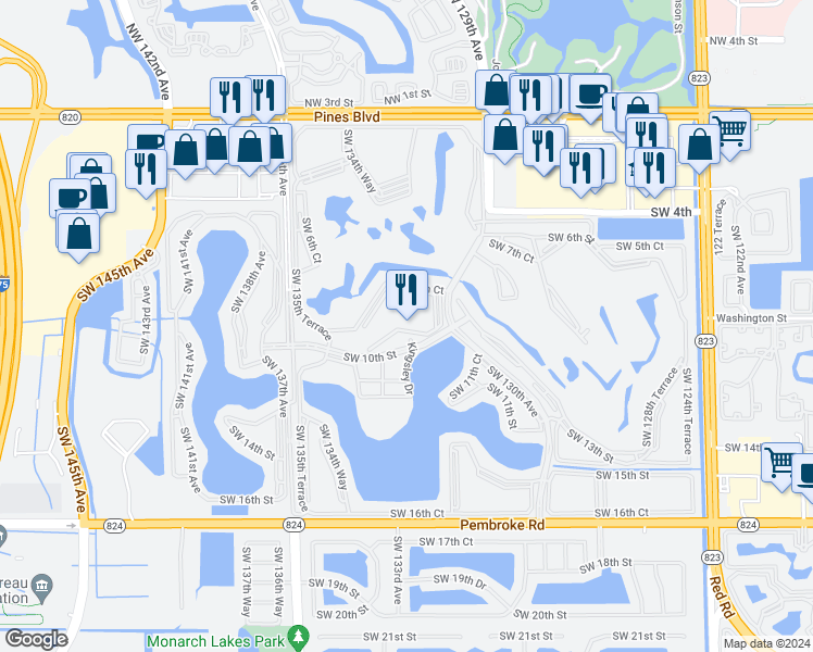 map of restaurants, bars, coffee shops, grocery stores, and more near 13255 Southwest 9th Court in Pembroke Pines
