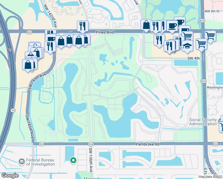 map of restaurants, bars, coffee shops, grocery stores, and more near 13355 Southwest 9th Court in Pembroke Pines