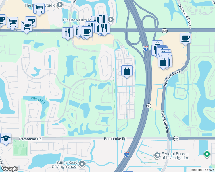 map of restaurants, bars, coffee shops, grocery stores, and more near 1100 Bel Aire Drive in Pembroke Pines