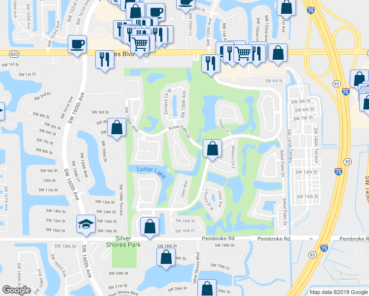 map of restaurants, bars, coffee shops, grocery stores, and more near 1100 Southwest 156th Avenue in Pembroke Pines