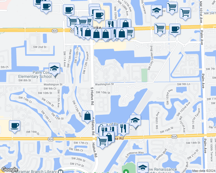 map of restaurants, bars, coffee shops, grocery stores, and more near 901 Southwest 109th Avenue in Pembroke Pines