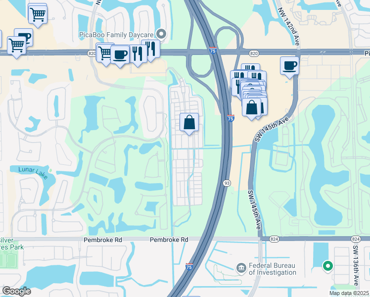 map of restaurants, bars, coffee shops, grocery stores, and more near 14768 Southwest 10th Street in Pembroke Pines