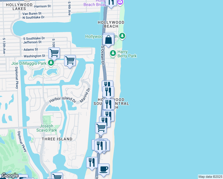map of restaurants, bars, coffee shops, grocery stores, and more near 2199 South Surf Road in Hollywood