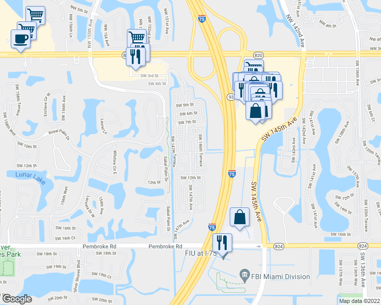 map of restaurants, bars, coffee shops, grocery stores, and more near 300 Southwest 147th Avenue in Pembroke Pines
