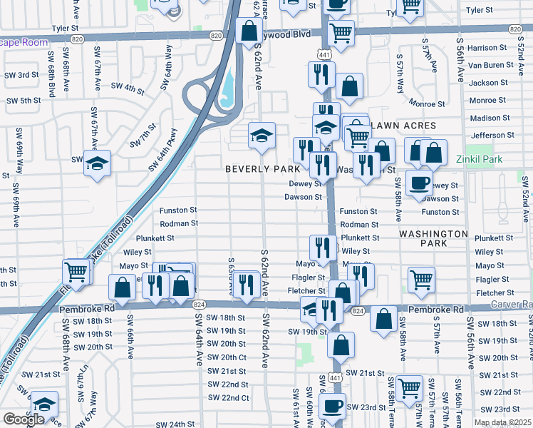 map of restaurants, bars, coffee shops, grocery stores, and more near 6198 Rodman Street in Hollywood