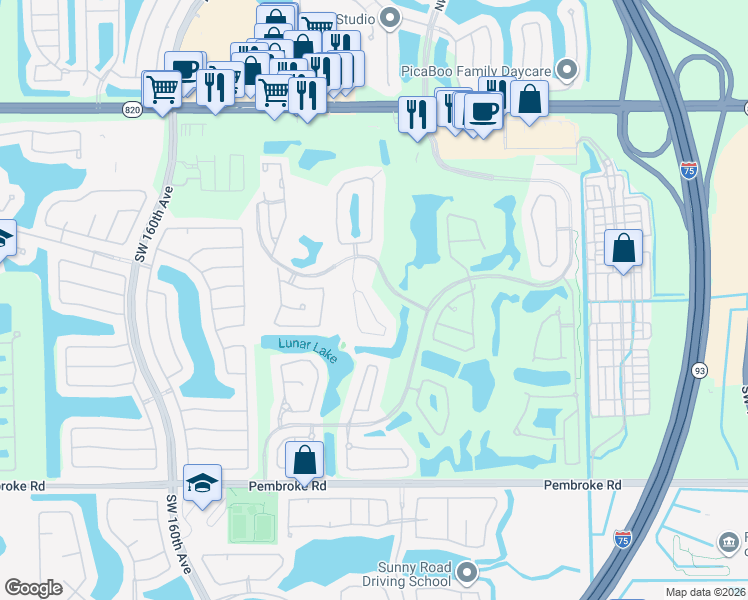map of restaurants, bars, coffee shops, grocery stores, and more near 1081 Southwest 156th Avenue in Pembroke Pines