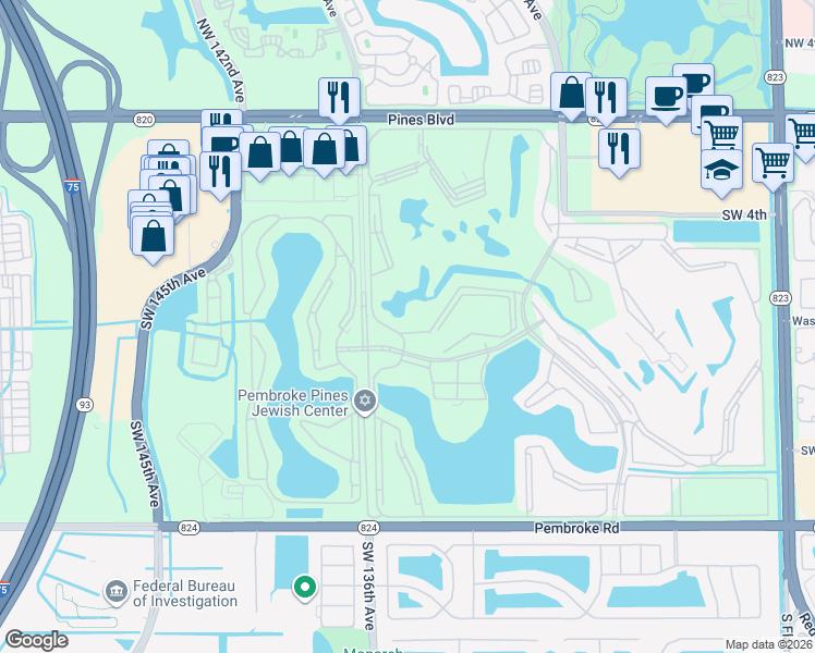 map of restaurants, bars, coffee shops, grocery stores, and more near 13475 Southwest 9th Street in Pembroke Pines