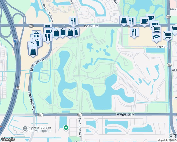 map of restaurants, bars, coffee shops, grocery stores, and more near 13475 Southwest 9th Street in Pembroke Pines