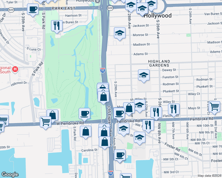 map of restaurants, bars, coffee shops, grocery stores, and more near 2918 Funston Street in Hollywood
