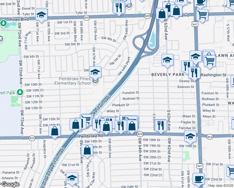 map of restaurants, bars, coffee shops, grocery stores, and more near 6559 Southwest 11th Street in Pembroke Pines