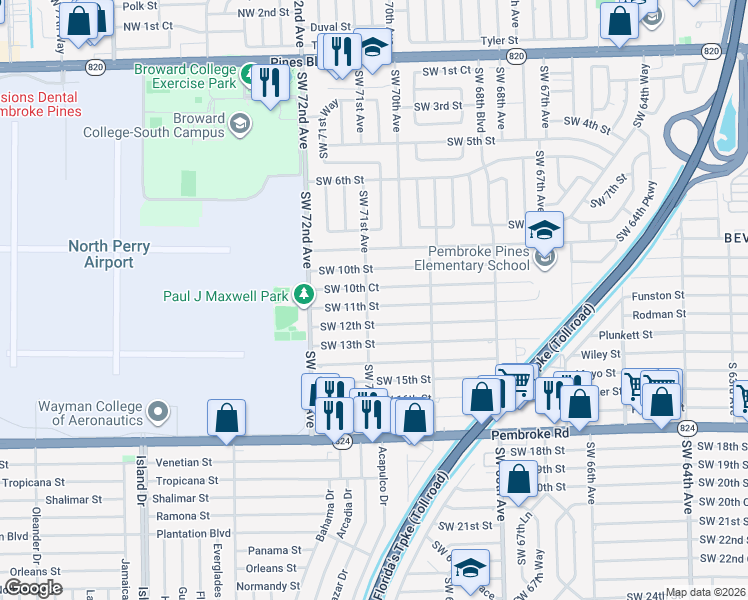 map of restaurants, bars, coffee shops, grocery stores, and more near 7101 Southwest 10th Court in Pembroke Pines