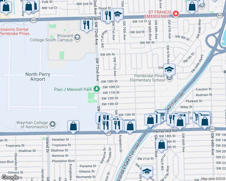 map of restaurants, bars, coffee shops, grocery stores, and more near 7101 Southwest 10th Court in Pembroke Pines