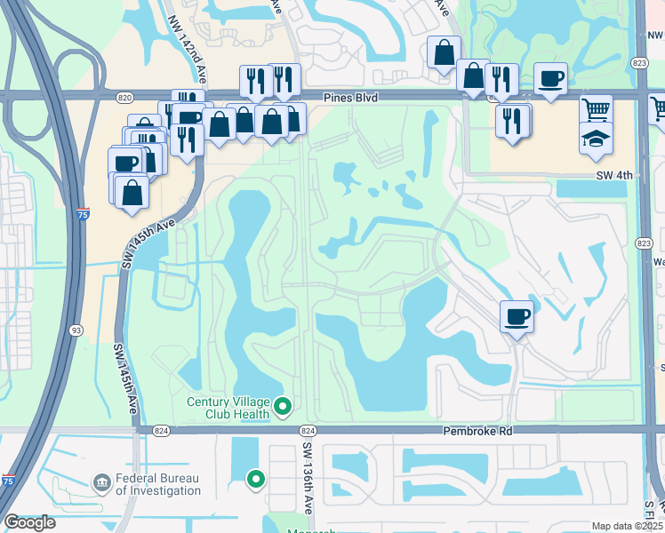 map of restaurants, bars, coffee shops, grocery stores, and more near 13475 Southwest 9th Street in Pembroke Pines