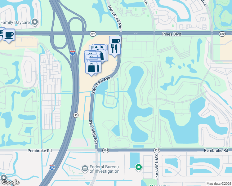 map of restaurants, bars, coffee shops, grocery stores, and more near 918 Southwest 143rd Avenue in Pembroke Pines