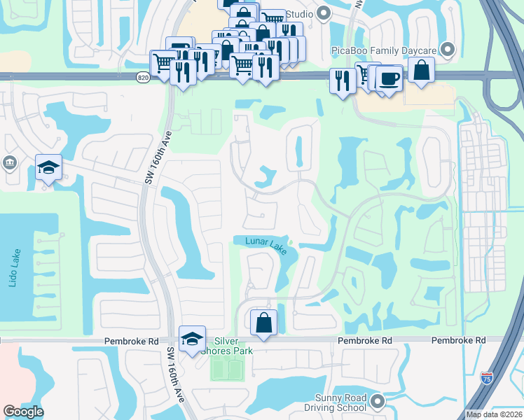 map of restaurants, bars, coffee shops, grocery stores, and more near 15851 Southwest 10th Street in Pembroke Pines