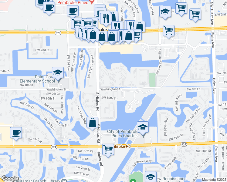 map of restaurants, bars, coffee shops, grocery stores, and more near 701 Southwest 109th Avenue in Pembroke Pines