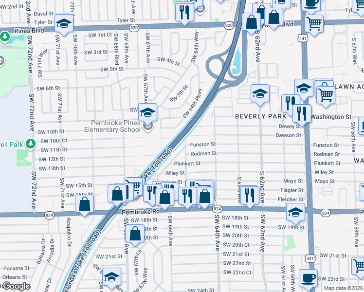 map of restaurants, bars, coffee shops, grocery stores, and more near 6559 Southwest 11th Street in Pembroke Pines