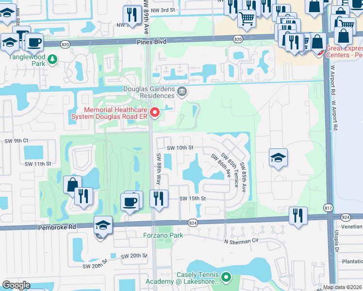 map of restaurants, bars, coffee shops, grocery stores, and more near 921 Southwest 87th Terrace in Pembroke Pines