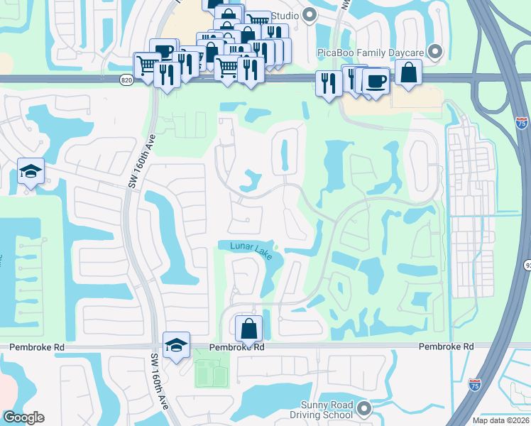 map of restaurants, bars, coffee shops, grocery stores, and more near 1013 Southwest 158th Avenue in Pembroke Pines
