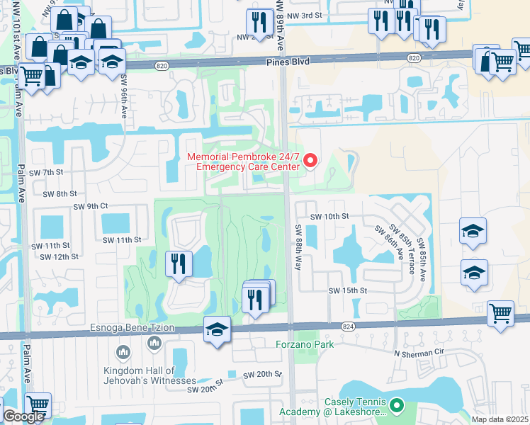 map of restaurants, bars, coffee shops, grocery stores, and more near 900 South Hollybrook Drive in Pembroke Pines