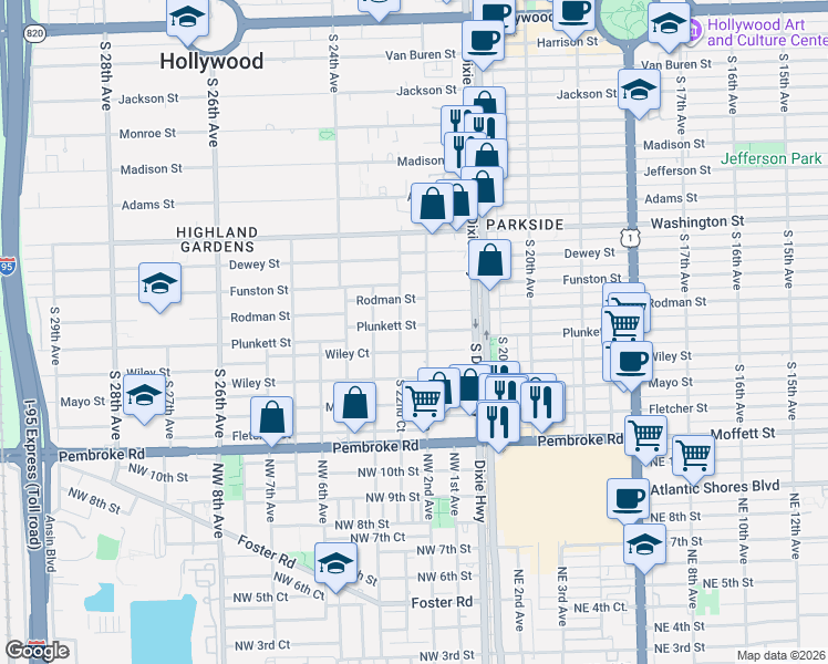 map of restaurants, bars, coffee shops, grocery stores, and more near 1218 South 22nd Avenue in Hollywood