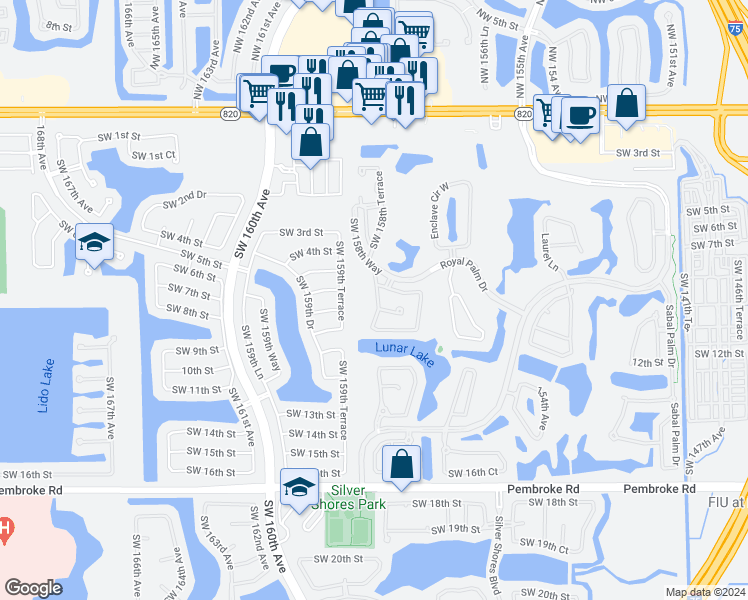 map of restaurants, bars, coffee shops, grocery stores, and more near 1038 Southwest 158th Way in Pembroke Pines