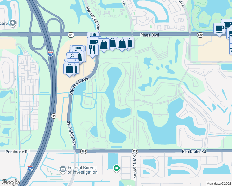 map of restaurants, bars, coffee shops, grocery stores, and more near 850 Southwest 138th Avenue in Pembroke Pines