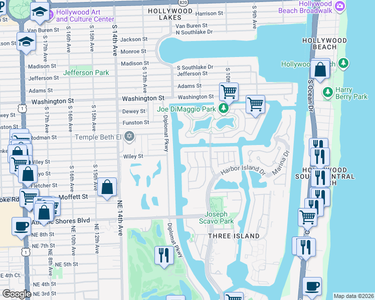 map of restaurants, bars, coffee shops, grocery stores, and more near 1240 Harbor Court in Hollywood