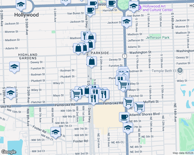 map of restaurants, bars, coffee shops, grocery stores, and more near 2034 Rodman Street in Hollywood